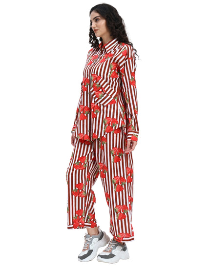 Brown White Stripe with Red Strawberry Coord Set