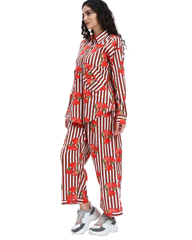 Brown White Stripe with Red Strawberry Coord Set