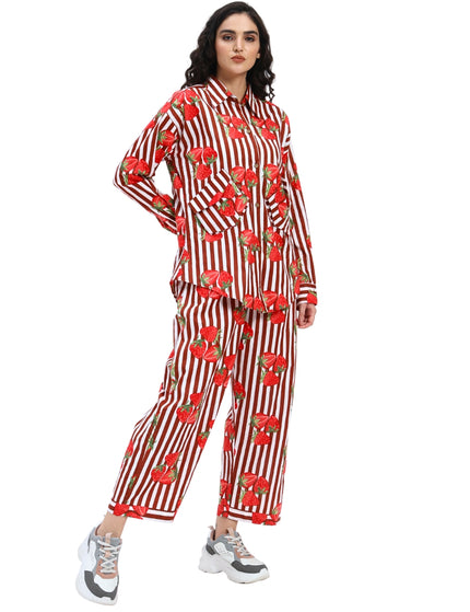 Brown White Stripe with Red Strawberry Coord Set