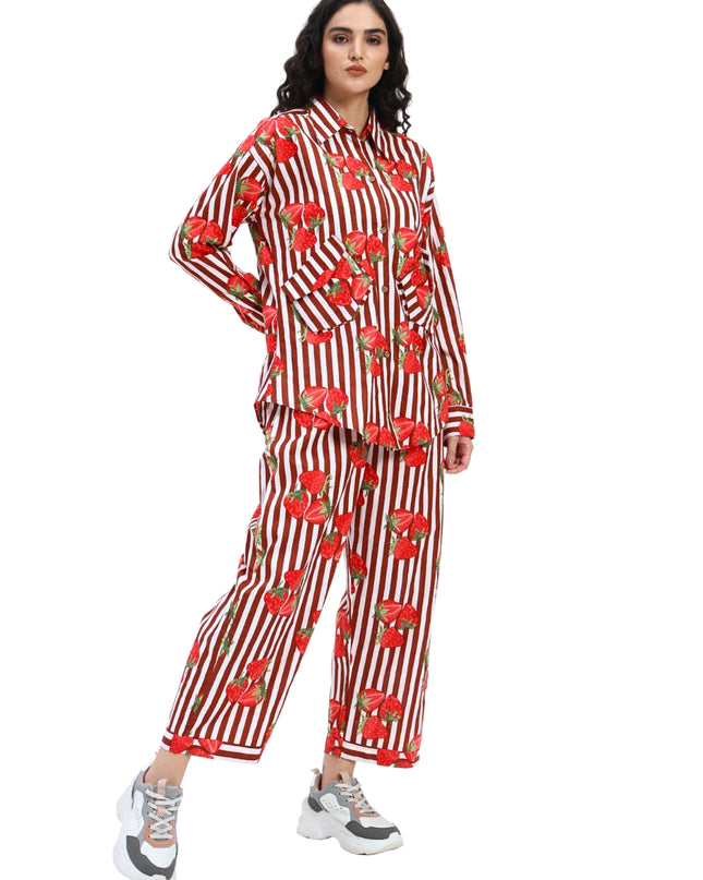 Brown White Stripe with Red Strawberry Coord Set