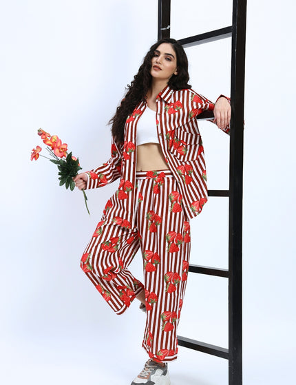 Brown White Stripe with Red Strawberry Coord Set