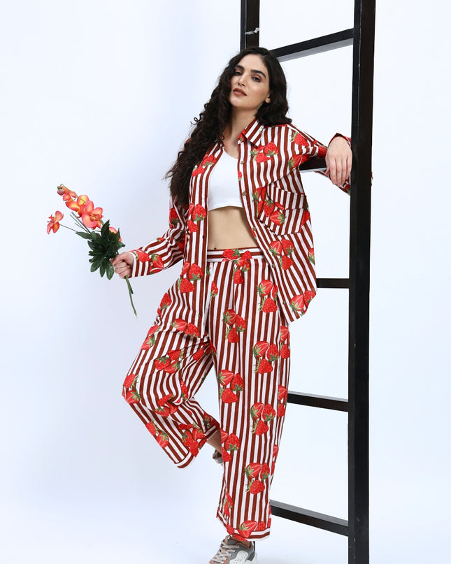Brown White Stripe with Red Strawberry Coord Set