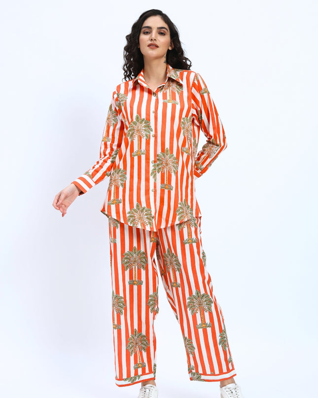 Orange White Palm Stripe Coord Set