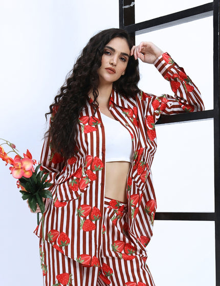 Brown White Stripe with Red Strawberry Coord Set