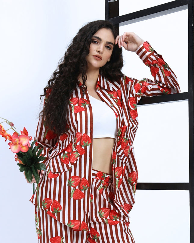 Brown White Stripe with Red Strawberry Coord Set