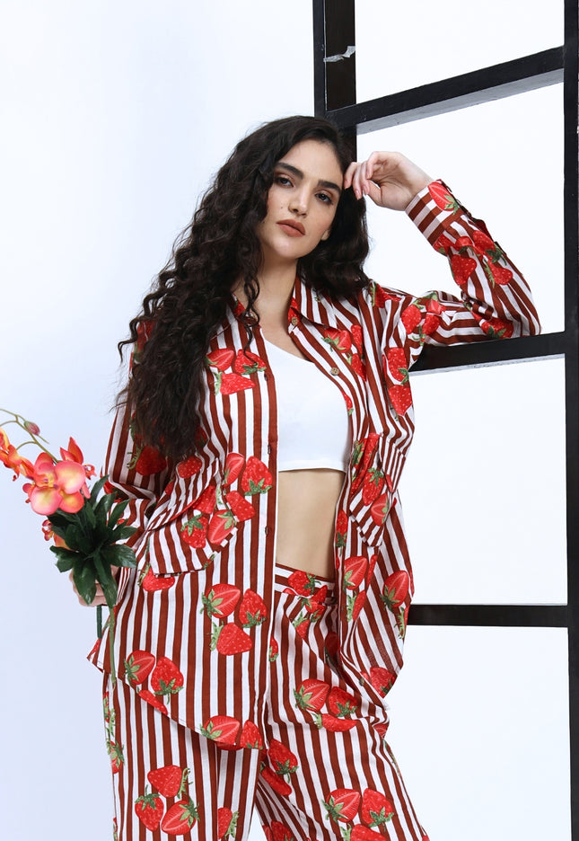 Brown White Stripe with Red Strawberry Coord Set