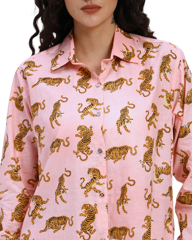 Salmon Pink Tiger Print Shirt Pant Set