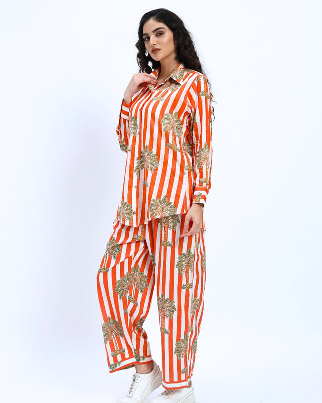 Orange White Palm Stripe Coord Set