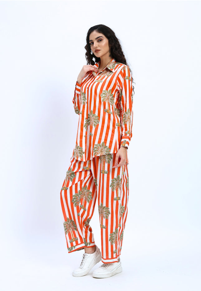 Orange White Palm Stripe Coord Set