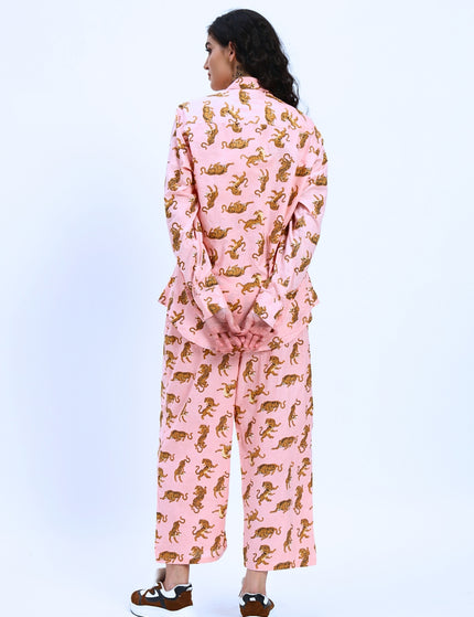 Salmon Pink Tiger Print Shirt Pant Set