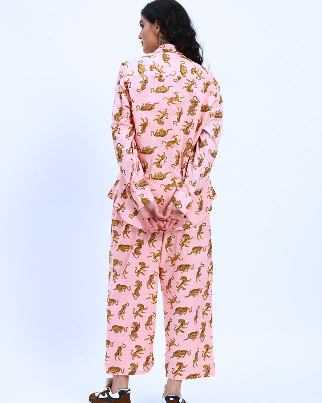 Salmon Pink Tiger Print Shirt Pant Set