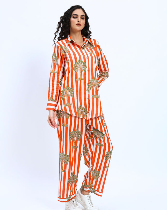 Orange White Palm Stripe Coord Set