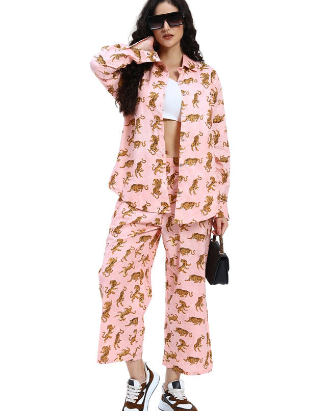 Salmon Pink Tiger Print Shirt Pant Set