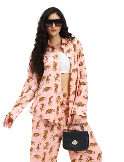 Salmon Pink Tiger Print Shirt Pant Set