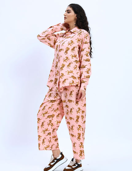 Salmon Pink Tiger Print Shirt Pant Set