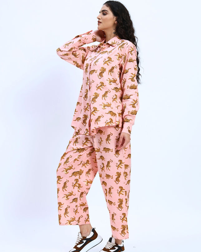 Salmon Pink Tiger Print Shirt Pant Set