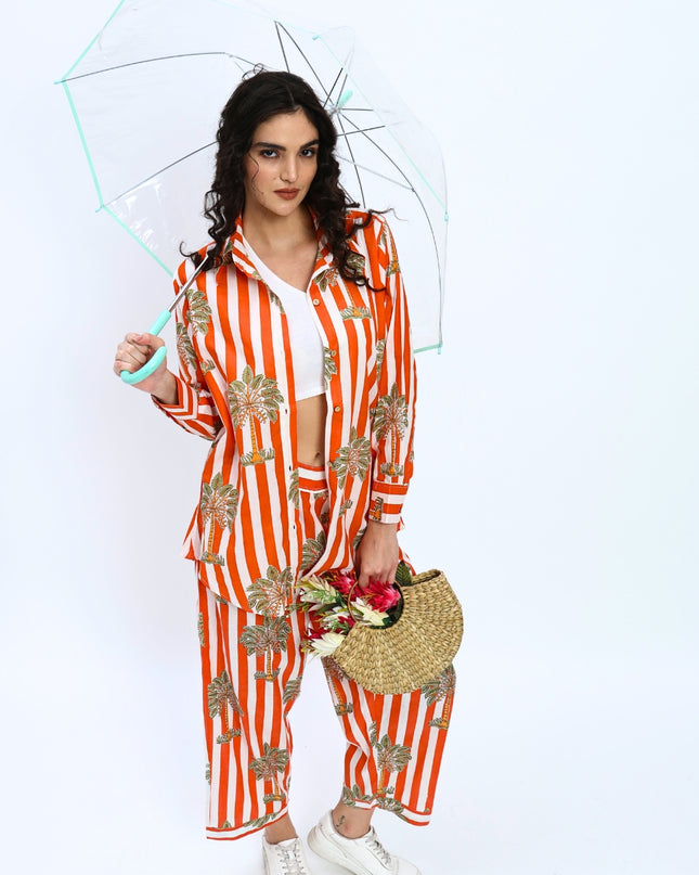 Orange White Palm Stripe Coord Set