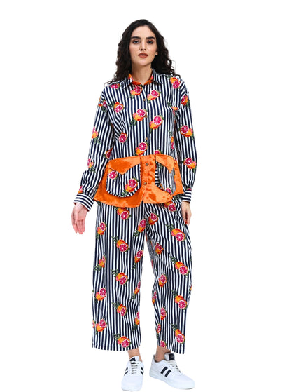 Dark Blue White Stripe Fruty Orange Coord Set