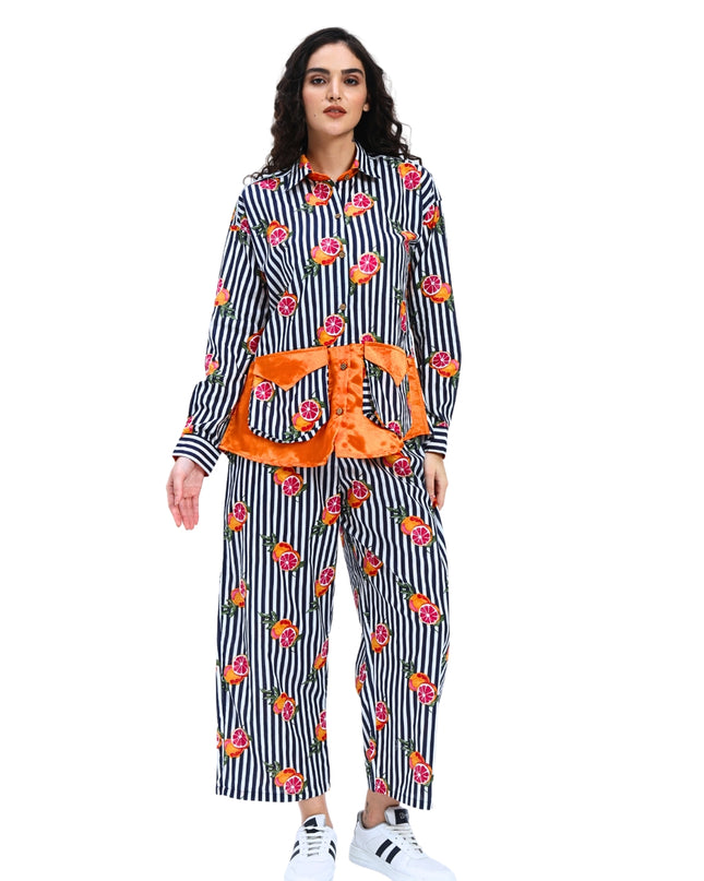 Dark Blue White Stripe Fruty Orange Coord Set