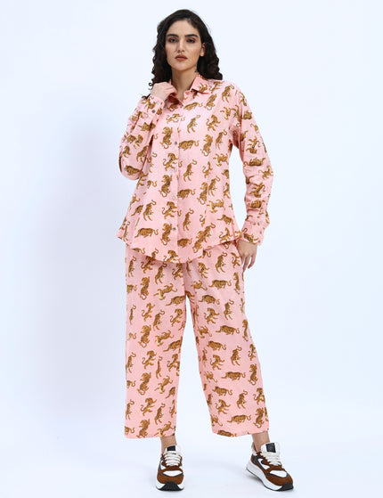 Salmon Pink Tiger Print Shirt Pant Set