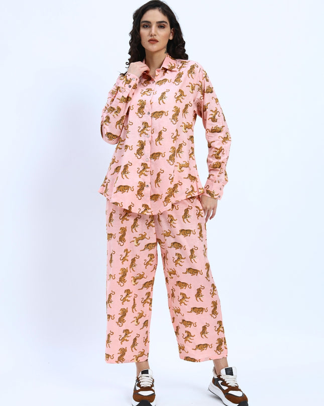 Salmon Pink Tiger Print Shirt Pant Set