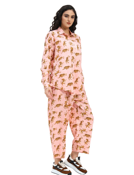 Salmon Pink Tiger Print Shirt Pant Set