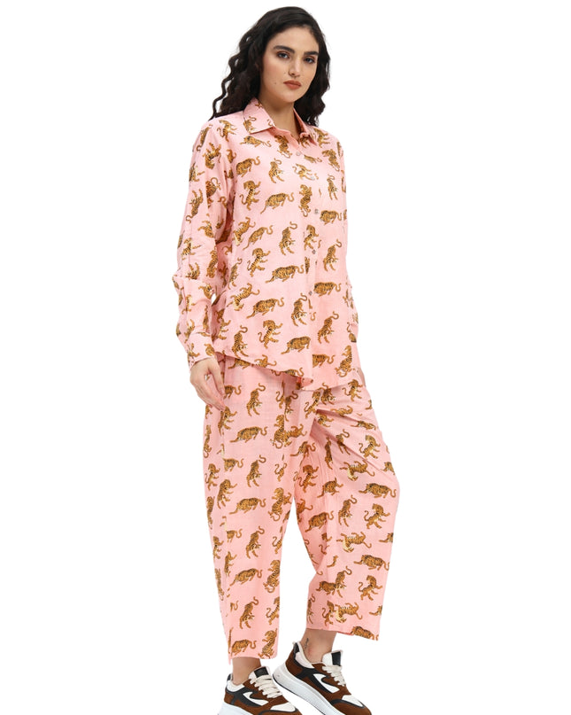 Salmon Pink Tiger Print Shirt Pant Set