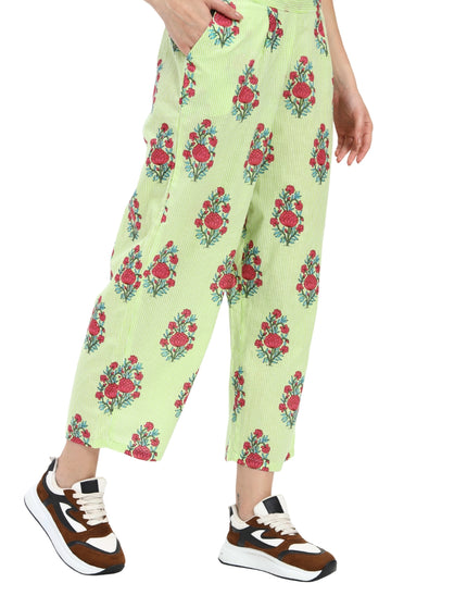 Light Green White Stripe Floral Print Coord Set