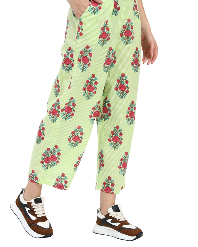 Light Green White Stripe Floral Print Coord Set