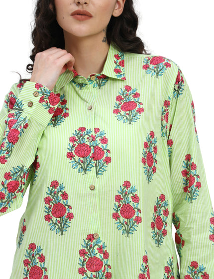 Light Green White Stripe Floral Print Coord Set