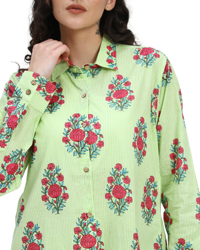 Light Green White Stripe Floral Print Coord Set