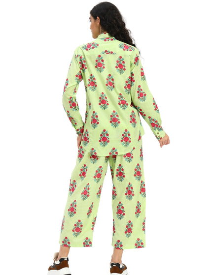 Light Green White Stripe Floral Print Coord Set