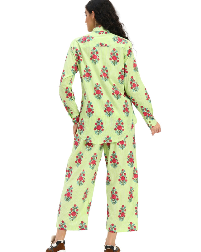 Light Green White Stripe Floral Print Coord Set
