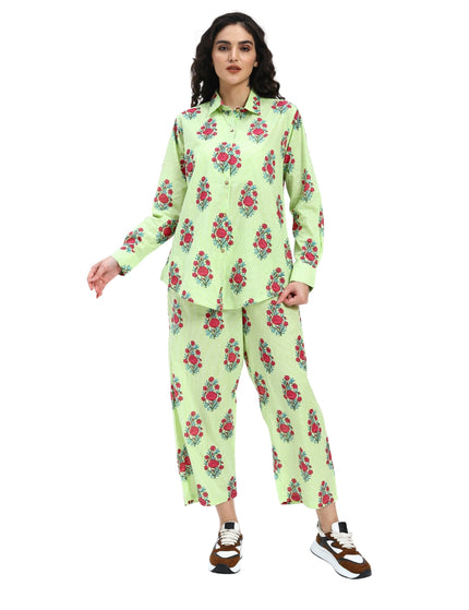 Light Green White Stripe Floral Print Coord Set
