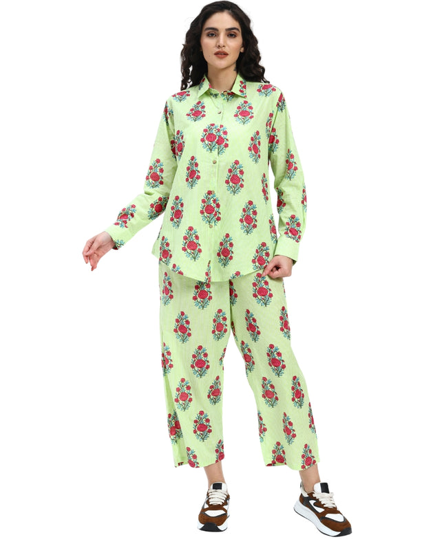 Light Green White Stripe Floral Print Coord Set
