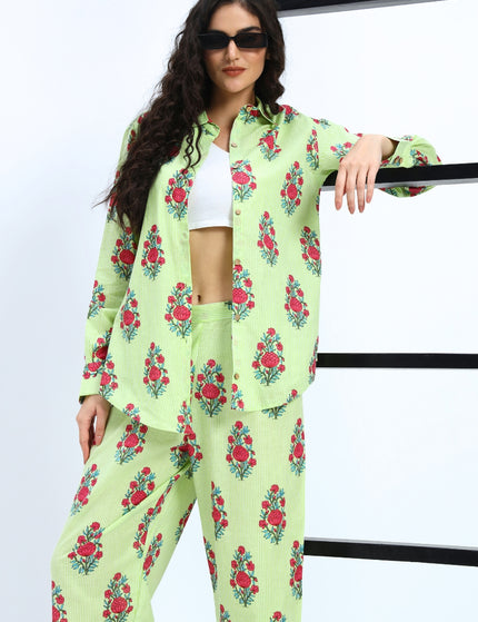 Light Green White Stripe Floral Print Coord Set