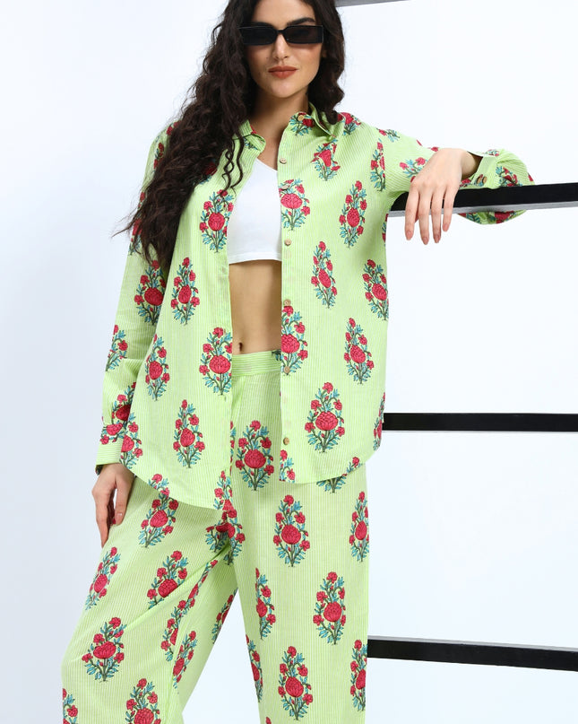 Light Green White Stripe Floral Print Coord Set