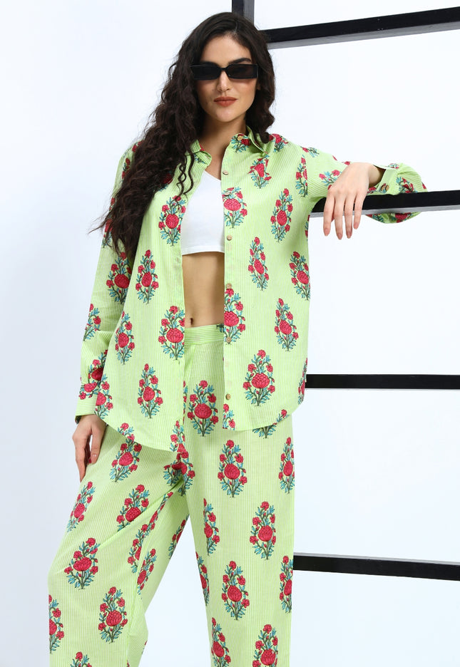 Light Green White Stripe Floral Print Coord Set