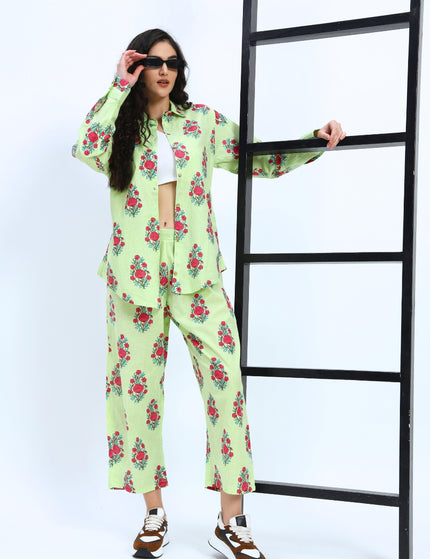 Light Green White Stripe Floral Print Coord Set