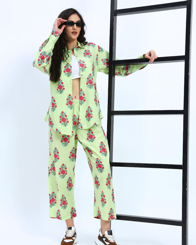 Light Green White Stripe Floral Print Coord Set