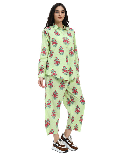 Light Green White Stripe Floral Print Coord Set