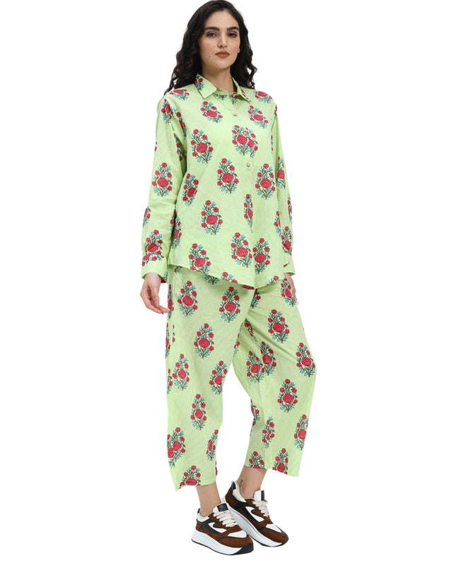 Light Green White Stripe Floral Print Coord Set