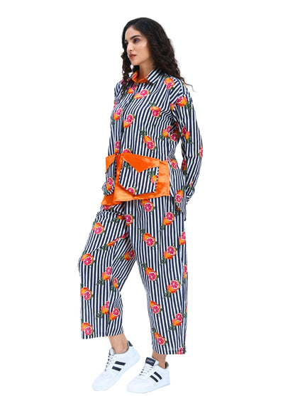 Dark Blue White Stripe Fruty Orange Coord Set