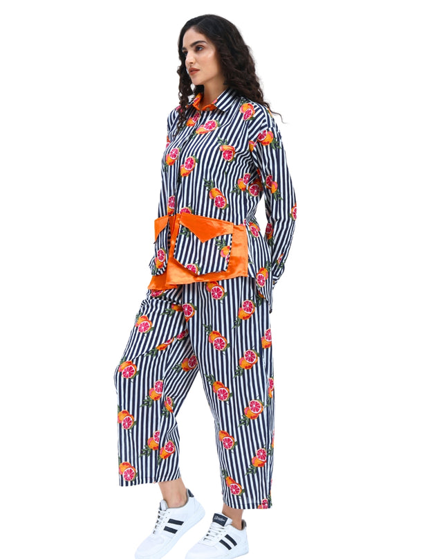 Dark Blue White Stripe Fruty Orange Coord Set