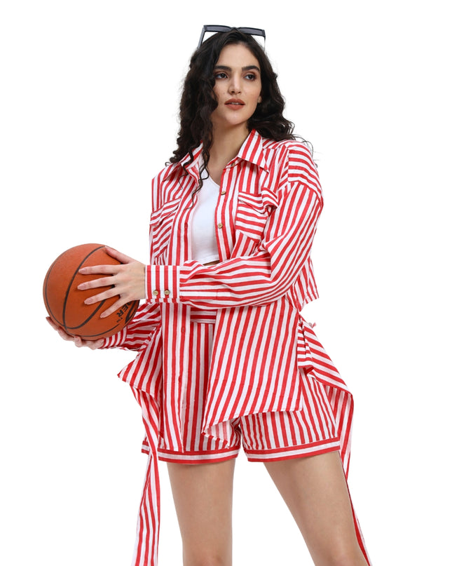 Red White Stripe Shirt Short Set