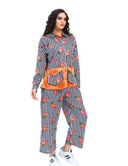 Dark Blue White Stripe Fruty Orange Coord Set