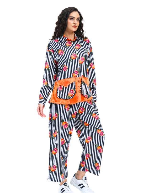 Dark Blue White Stripe Fruty Orange Coord Set