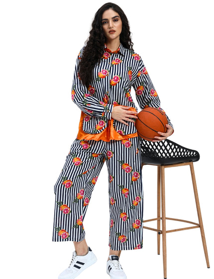 Dark Blue White Stripe Fruty Orange Coord Set