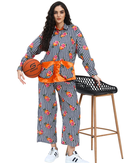 Dark Blue White Stripe Fruty Orange Coord Set