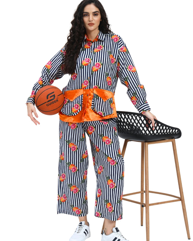 Dark Blue White Stripe Fruty Orange Coord Set